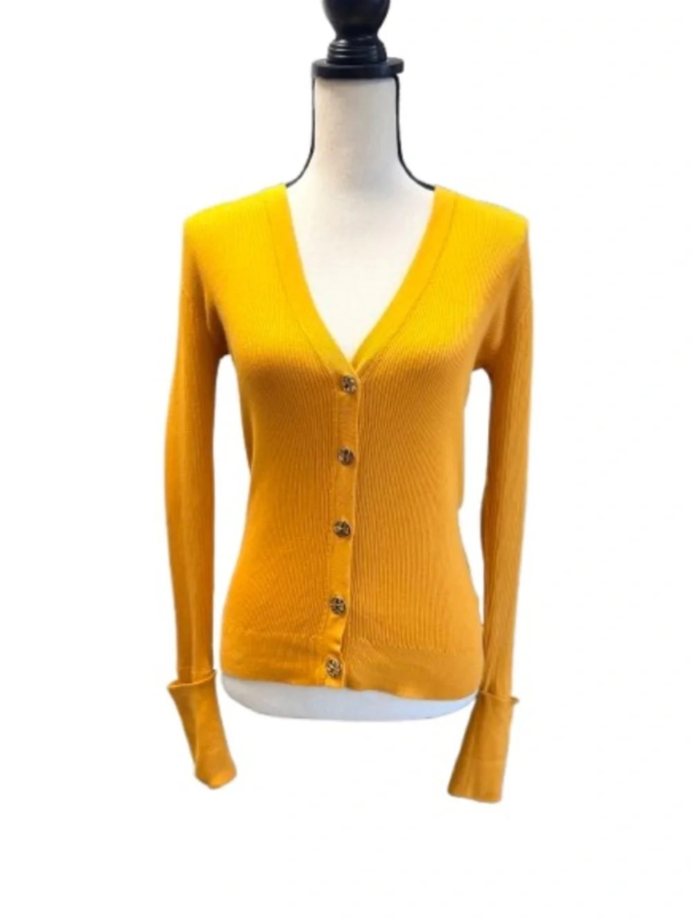 Tory Burch Simone Ribbed Cardigan Sweater Mustard Yellow Logo Button Cotton SZ S